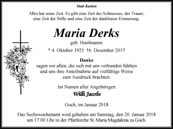 Traueranzeige von Maria Derks von Gocher Wochenblatt