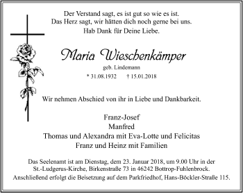 Traueranzeige von Maria Wieschenkämper von Stadtspiegel Bottrop