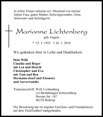 Traueranzeige von Marianne Lichtenberg von Stadtspiegel Bottrop