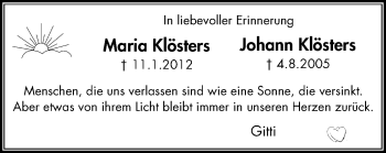 Traueranzeige von Maria und Johann Klösters von Wochen-Anzeiger Oberhausen