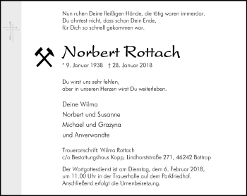 Traueranzeige von Norbert Rottach von Stadtspiegel Bottrop