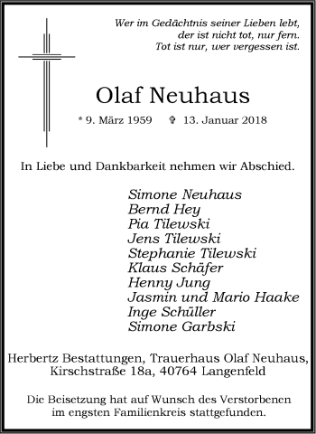 Traueranzeige von Olaf Neuhaus von Wochen-Anzeiger Langenfeld/Monheim/Hilden