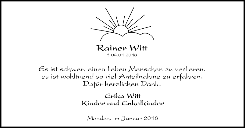  Traueranzeige für Rainer Witt vom 31.01.2018 aus Stadtspiegel Menden + Froendenberg