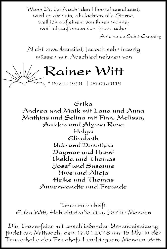  Traueranzeige für Rainer Witt vom 13.01.2018 aus Stadtspiegel Menden + Froendenberg