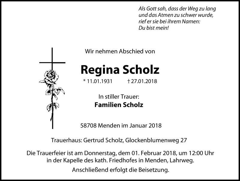  Traueranzeige für Regina Scholz vom 31.01.2018 aus Stadtspiegel Menden + Froendenberg