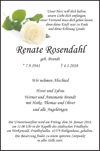 Traueranzeige von Renate Rosendahl von Stadtanzeiger Velbert + Heiligenhaus