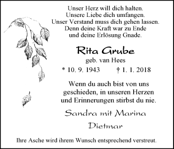 Traueranzeige von Rita Grube von Stadtspiegel Bottrop