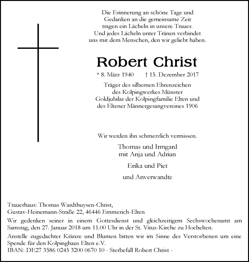  Traueranzeige für Robert Christ vom 20.01.2018 aus Stadtanzeiger Emmerich/Rees/Isselburg