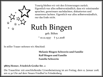 Traueranzeige von Ruth Bingen von Stadtspiegel Menden + Froendenberg