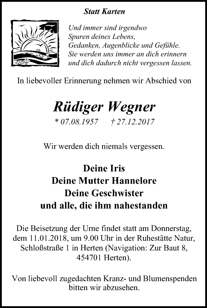  Traueranzeige für Rüdiger Wegner vom 10.01.2018 aus Wochenblatt Herne/Wanne-Eickel