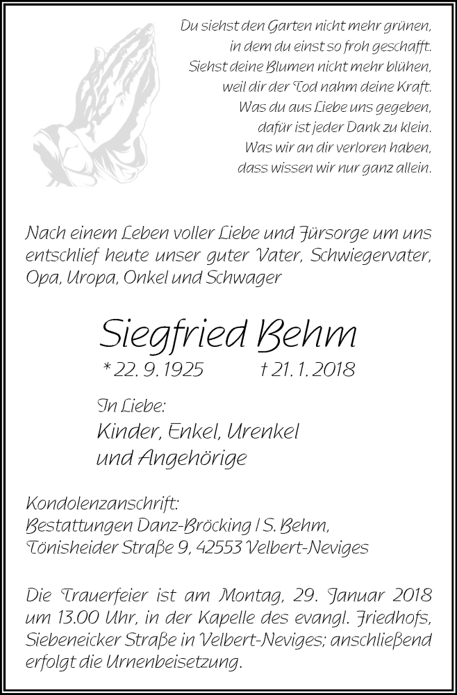  Traueranzeige für Siegfried Behm vom 24.01.2018 aus Stadtanzeiger Velbert + Heiligenhaus