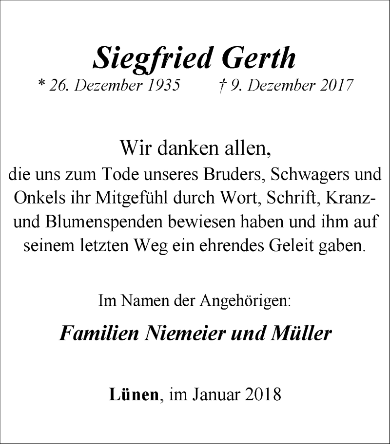  Traueranzeige für Siegfried Gerth vom 13.01.2018 aus Lüner Anzeiger
