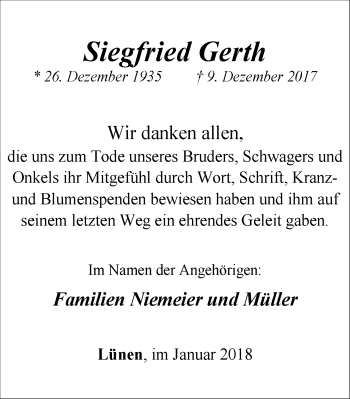 Traueranzeige von Siegfried Gerth von Lüner Anzeiger