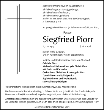 Traueranzeige von Siegfried Piorr von Stadtanzeiger Velbert + Heiligenhaus
