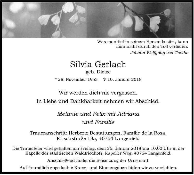  Traueranzeige für Silvia Gerlach vom 20.01.2018 aus Wochen-Anzeiger Langenfeld/Monheim/Hilden