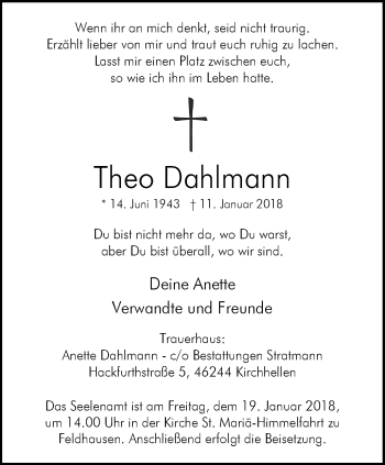 Traueranzeige von Theo Dahlmann von Stadtspiegel Bottrop
