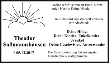 Traueranzeige von Theodor Saßmannshausen von Wochen-Anzeiger Oberhausen