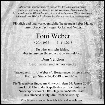 Traueranzeige von Toni Weber von Stadtspiegel Hattingen/Niedersprockhövel