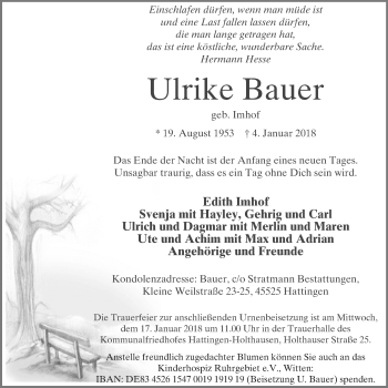 Traueranzeige von Ulrike Bauer von Stadtspiegel Hattingen/Niedersprockhövel