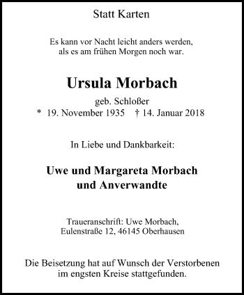Traueranzeige von Ursula Morbach von Stadtspiegel Essen