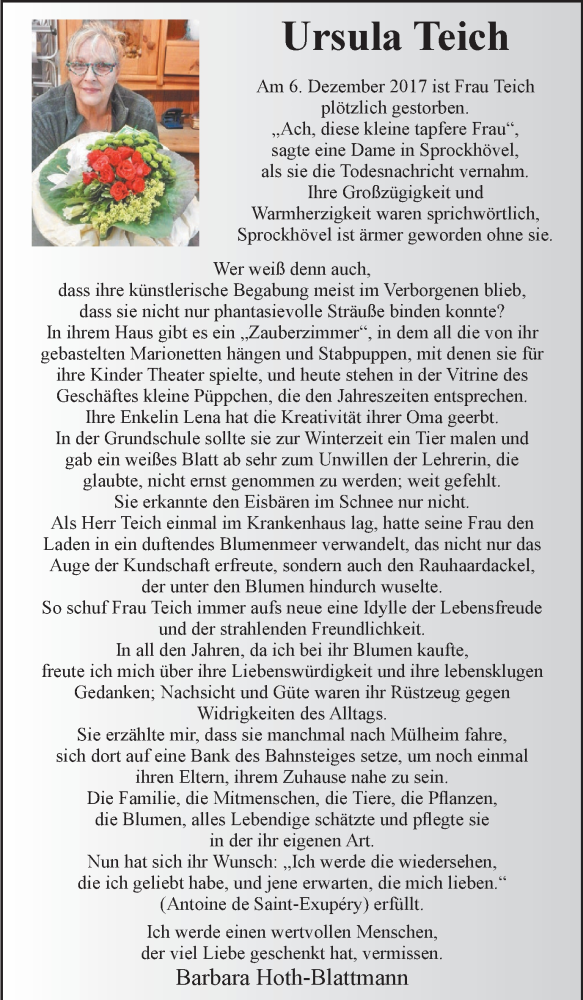Traueranzeigen von Ursula Teich TrauerinNRW.de