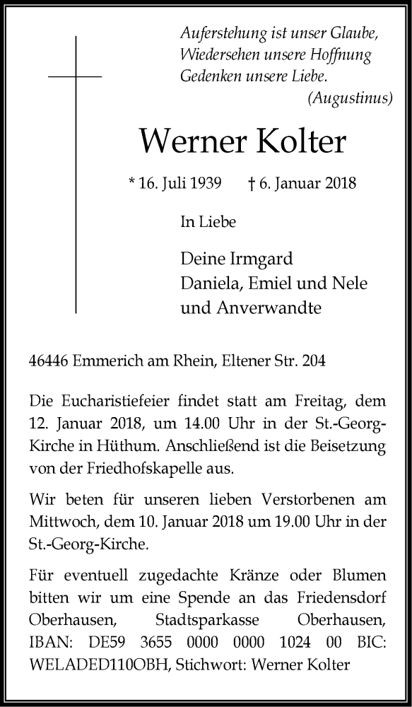  Traueranzeige für Werner Kolter vom 10.01.2018 aus Stadtanzeiger Emmerich/Rees/Isselburg