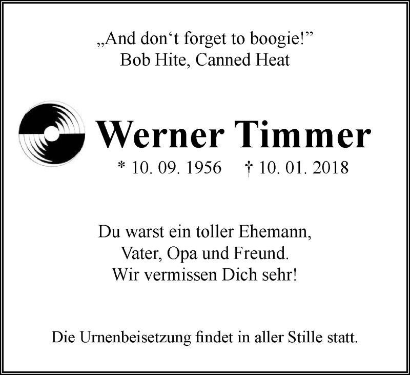  Traueranzeige für Werner Timmer vom 27.01.2018 aus Stadtspiegel Bottrop