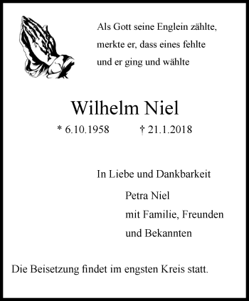 Traueranzeige von Wilhelm Niel von Stadtanzeiger Velbert + Heiligenhaus