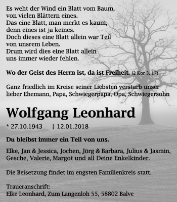 Traueranzeige von Wolfgang Leonhard von Stadtspiegel Menden + Froendenberg