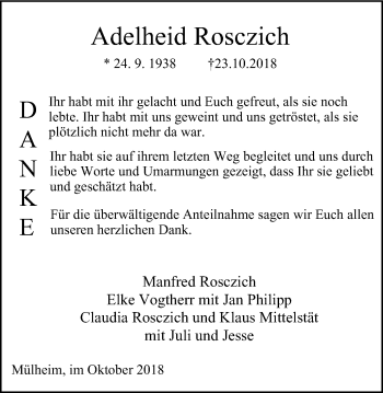 Traueranzeige von Adelheid Rosczich von Mülheimer Woche
