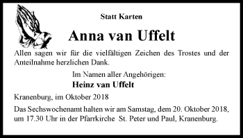 Traueranzeige von Anna van Uffelt von Klever Wochenblatt
