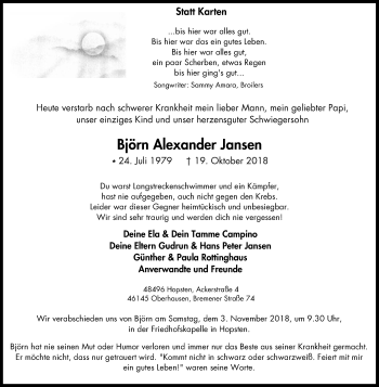 Traueranzeige von Björn Alexander Jansen von Wochen-Anzeiger Oberhausen