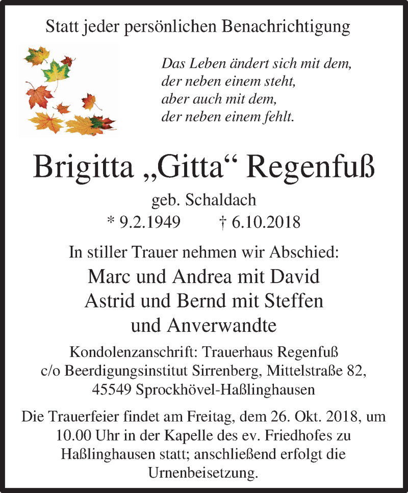  Traueranzeige für Brigitta Regenfuß vom 20.10.2018 aus Stadtspiegel Hattingen/Niedersprockhövel