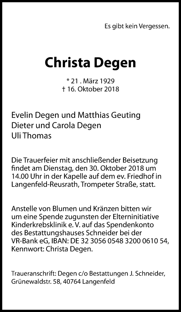  Traueranzeige für Christa Degen vom 27.10.2018 aus Wochen-Anzeiger Langenfeld/Monheim/Hilden