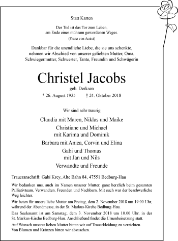 Traueranzeige von Christel Jacobs von Klever Wochenblatt