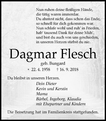 Traueranzeige von Dagmar Flesch von Wochen-Anzeiger Oberhausen