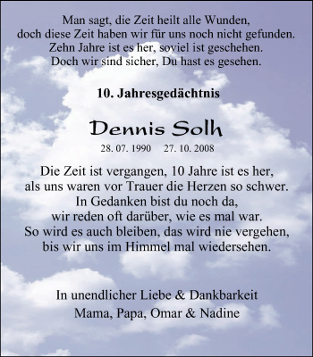 Traueranzeige von Dennis Solh von Stadtspiegel Bottrop