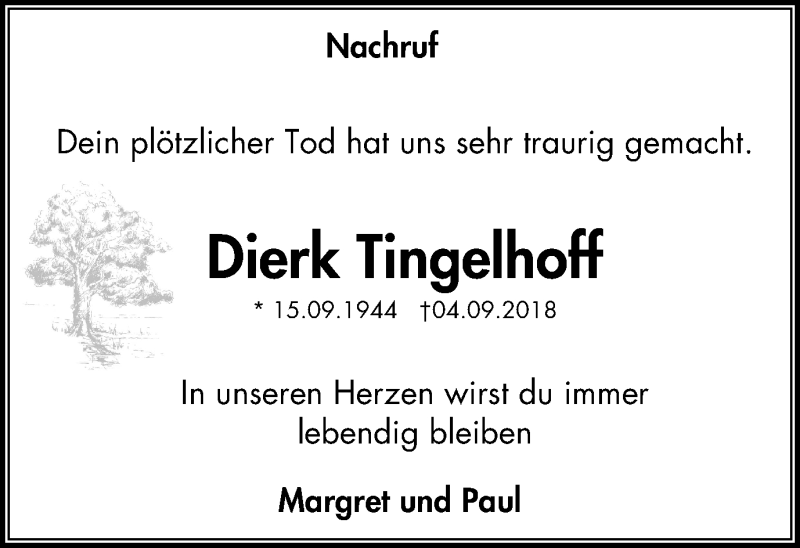 Traueranzeigen von Dierk Tingelhoff | Trauer-in-NRW.de