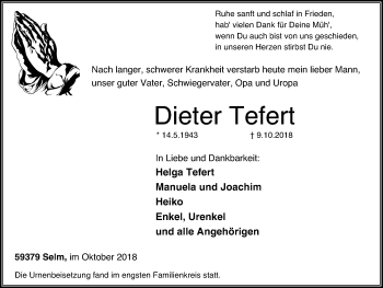 Traueranzeige von Dieter Tefert von Lüner Anzeiger