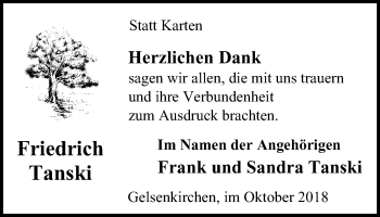 Traueranzeige von Friedrich Tanski von Stadtspiegel Gelsenkirchen