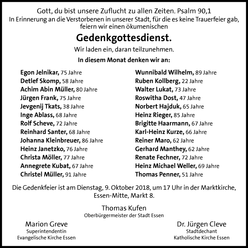  Traueranzeige für Gedenkgottesdienst  vom 06.10.2018 aus Stadtspiegel Essen