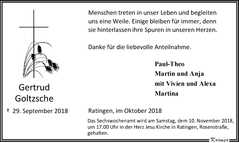  Traueranzeige für Gertrud Goltzsche vom 31.10.2018 aus WVW Anzeigenblätter