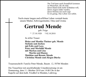 Traueranzeige von Gertrud Mende von Stadtspiegel Menden + Froendenberg