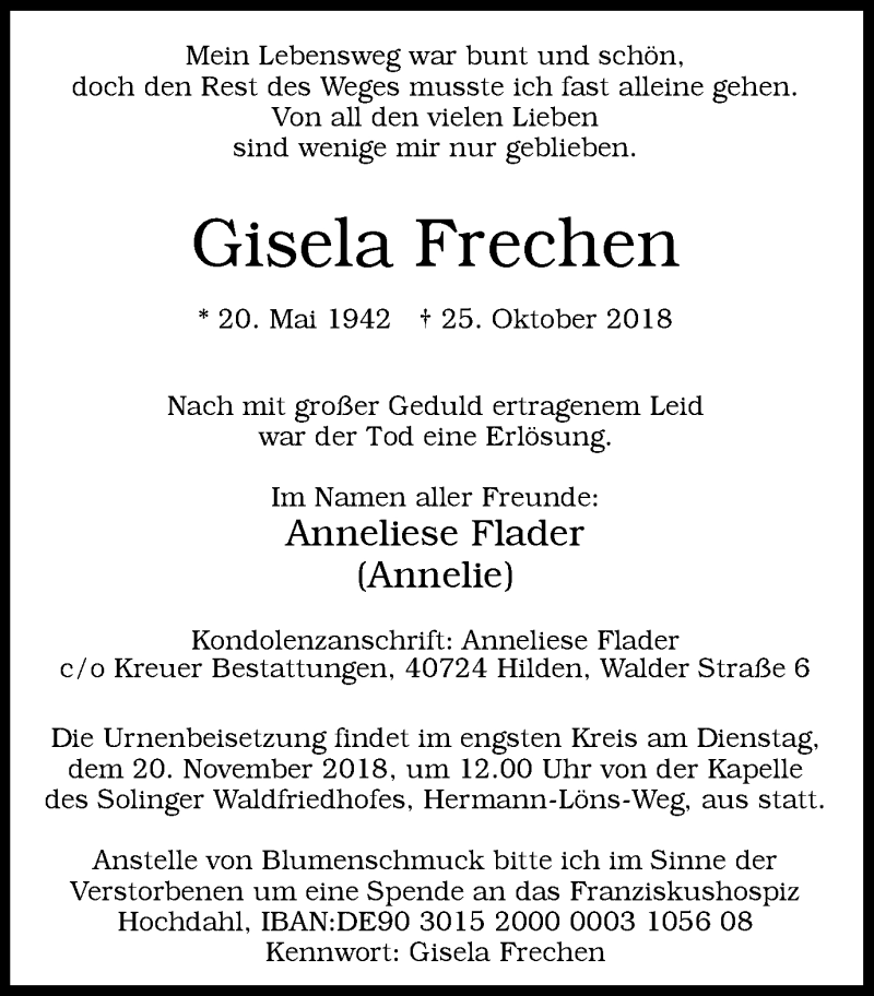  Traueranzeige für Gisela Frechen vom 31.10.2018 aus Wochen-Anzeiger Langenfeld/Monheim/Hilden