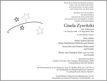 Traueranzeige von Gisela Zywitzki von Stadtanz.Castrop-Rauxel
