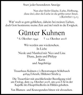 Traueranzeige von Günter Kuhnen von Wochen-Anzeiger Langenfeld/Monheim/Hilden