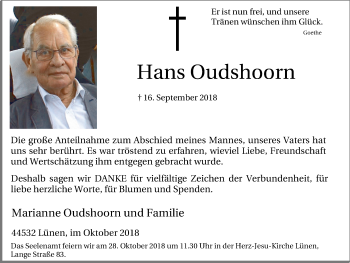 Traueranzeige von Hans Oudshoorn von Lüner Anzeiger