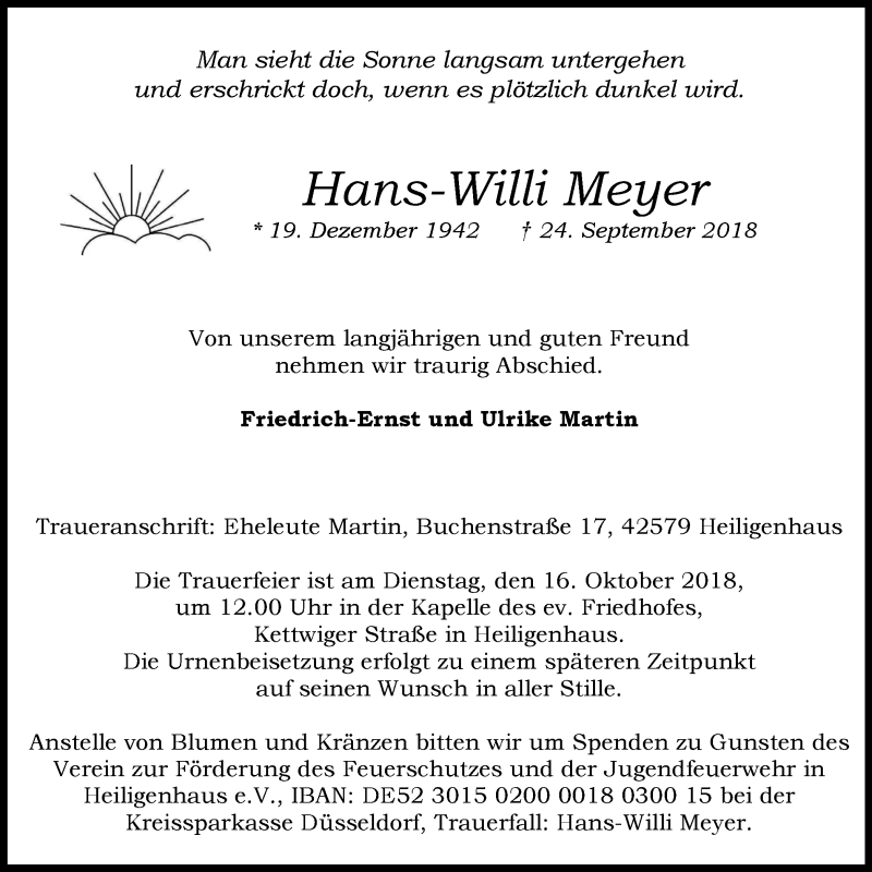  Traueranzeige für Hans-Willi Meyer vom 13.10.2018 aus Stadtanzeiger Velbert + Heiligenhaus