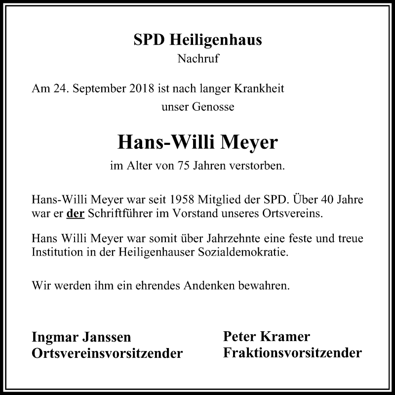  Traueranzeige für Hans-Willi Meyer vom 13.10.2018 aus Stadtanzeiger Velbert + Heiligenhaus
