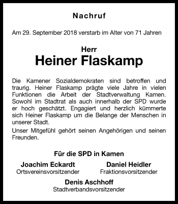 Traueranzeige von Heiner Flaskamp von Stadtspiegel Kamen + Unna